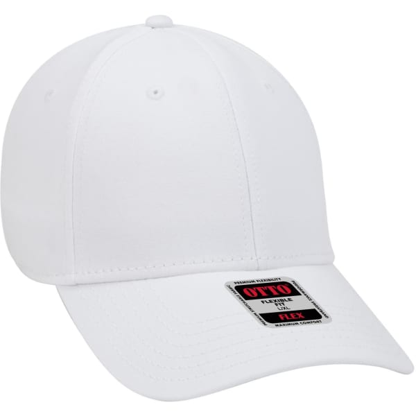 A white 6 panel low profile baseball cap with a logo on the front and a curved peak.