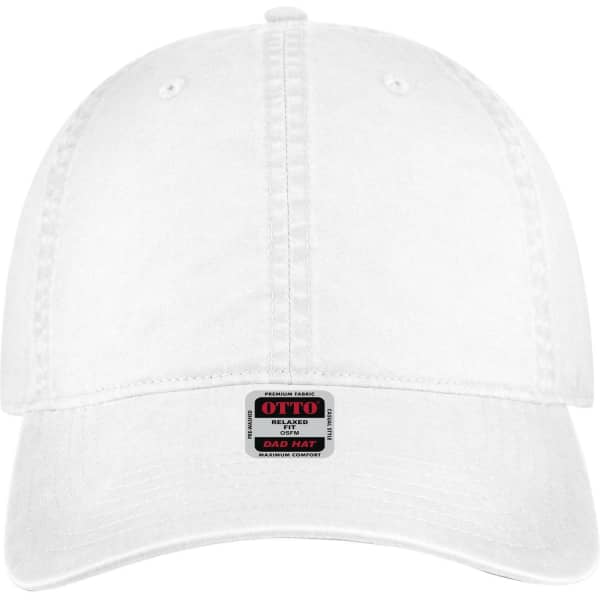 A white six-panel low profile dad cap featuring a logo on the front. Ideal for casual wear.