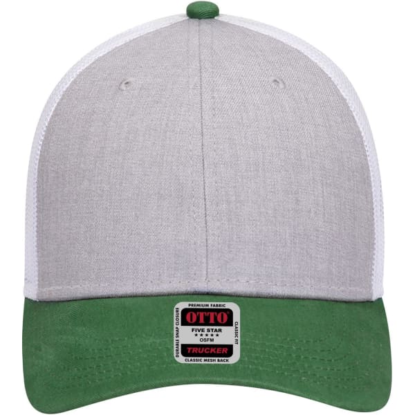 A low profile trucker cap featuring a grey front and green brim, with a logo on the front panel.