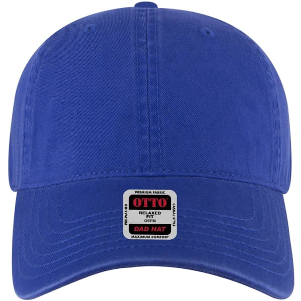 A blue 6 panel low profile dad cap featuring a logo on the front and a relaxed fit design.
