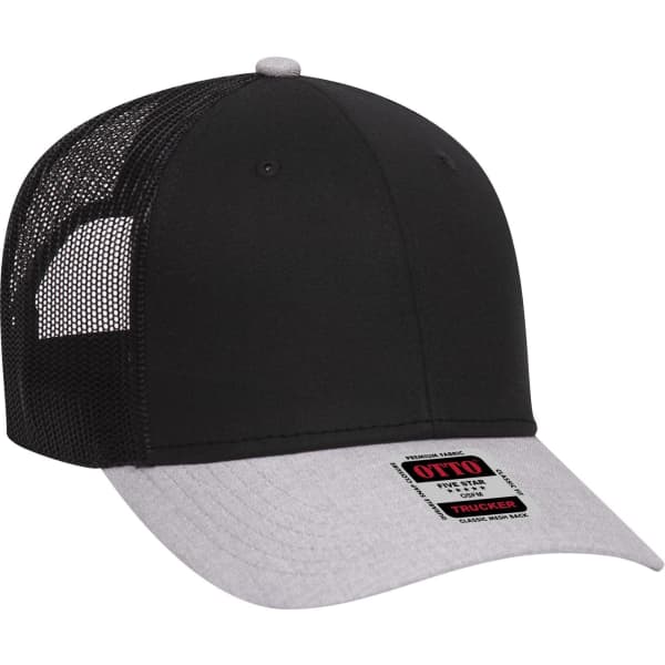 A six-panel low profile trucker cap in black with a grey peak and mesh back. It features a logo on the front.