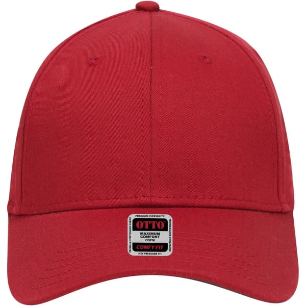 A red six-panel low profile baseball cap with a logo on the front.