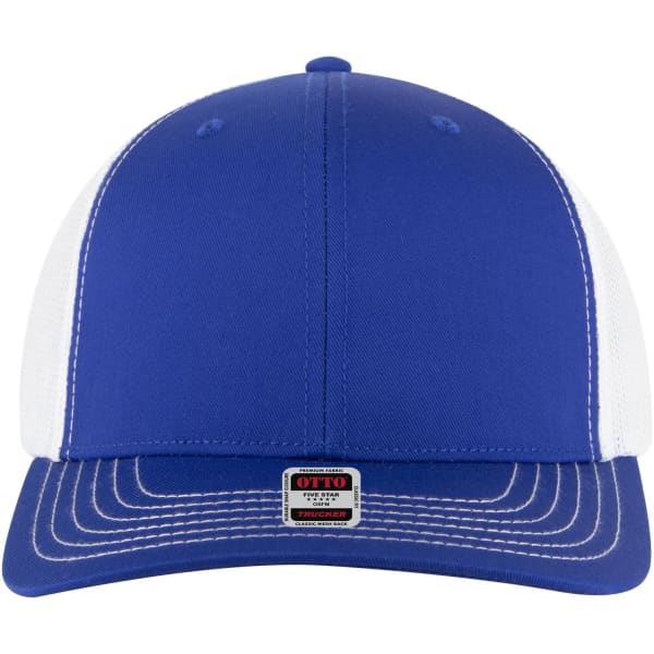 A blue and white 6 panel mid-profile trucker cap featuring a branded logo on the front.