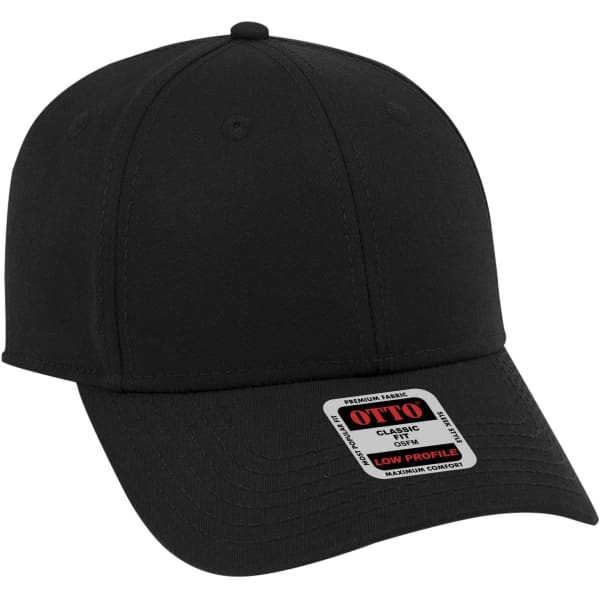 A black 6-panel low profile baseball cap with a logo and a curved brim.