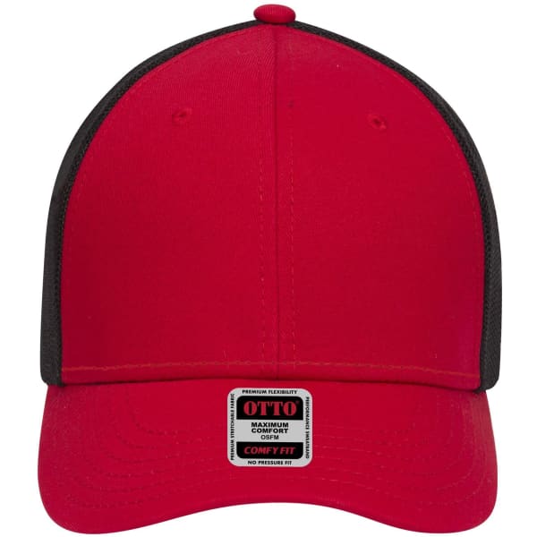 A red and black six-panel low profile baseball cap featuring a logo on the front.