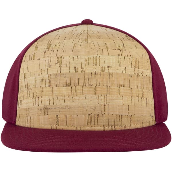 A cap featuring a cork front and maroon fabric sides and brim, complete with a logo.