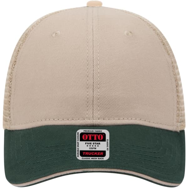 A six-panel low profile trucker cap in beige and dark green with a logo on the front.