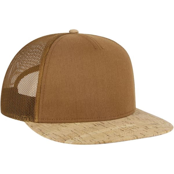 A brown 5 panel trucker cap featuring a cork brim and mesh side panels, with a logo on the front.