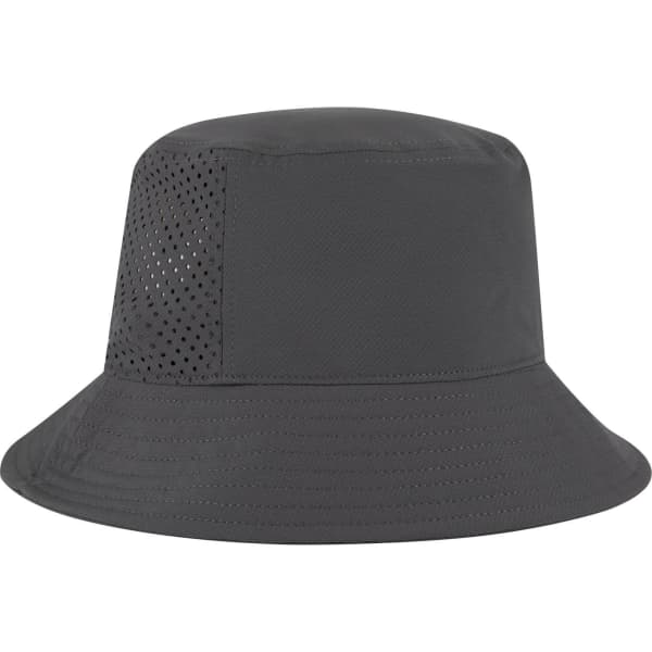 A bucket hat in black with perforated sides for ventilation, featuring a logo.