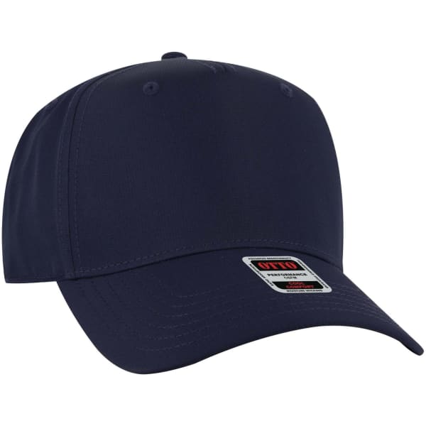 A navy blue 5 panel mid profile style baseball cap with a branding label on the front.