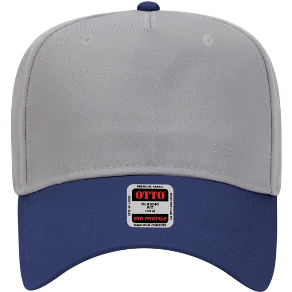 A grey and navy 5 Panel Mid Crown Baseball Cap with a logo on the front.