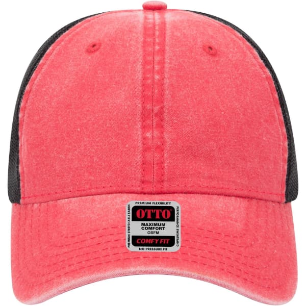 A pink and black low-profile trucker cap with a textured finish and a visible logo on the front.