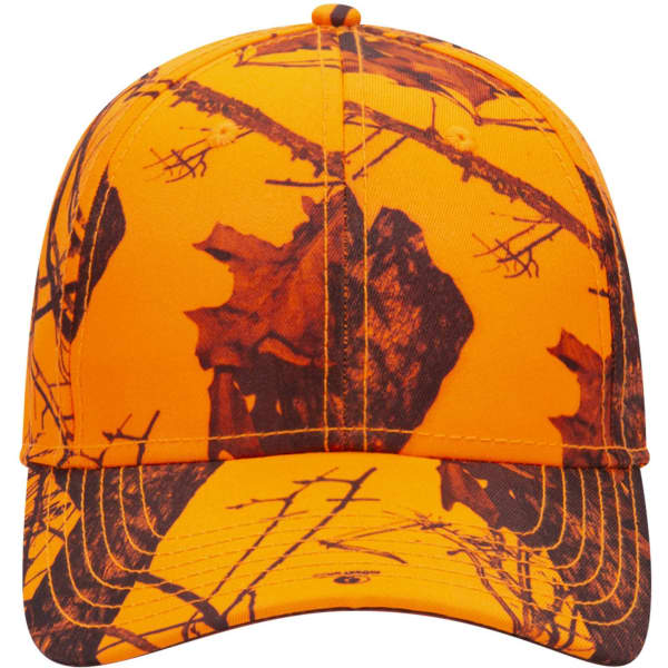 A vibrant orange baseball cap with a camouflage pattern featuring dark branches and leaves, including a logo.