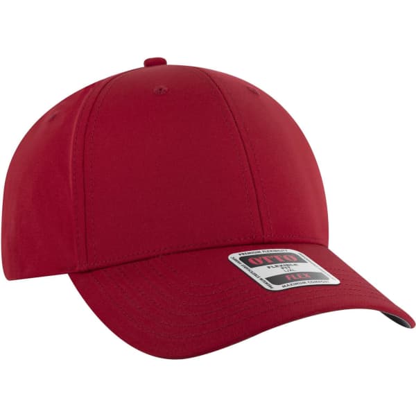 A red 6-panel low profile style baseball cap with a branding logo on the front.
