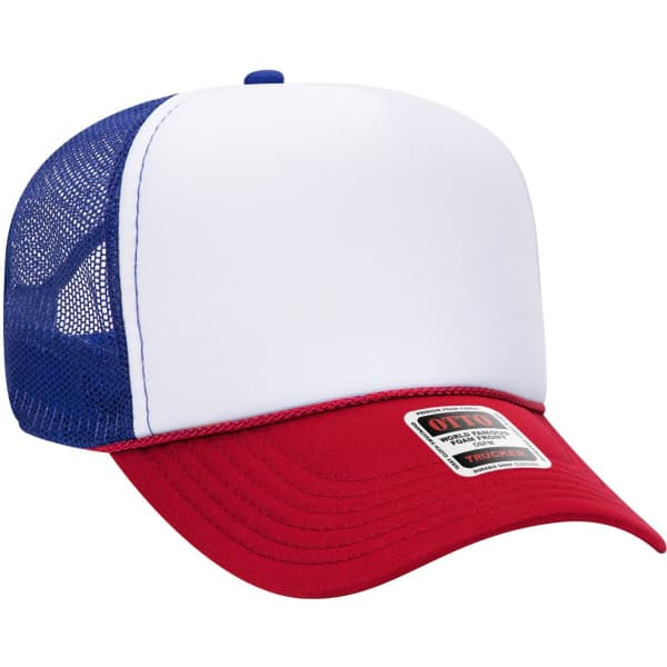A 5 Panel Mid Profile Trucker Cap featuring a white front, red brim, and blue mesh back. Includes a logo on the front.