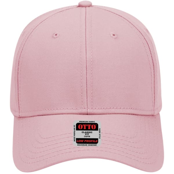 A pink 6 panel low profile baseball cap with a logo on the front.