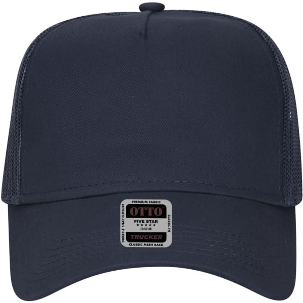 A navy blue 5 panel low profile trucker cap with a mesh back and a logo on the front.