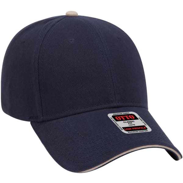 A navy 6 panel low profile baseball cap with a light-coloured peak and a logo on the front.