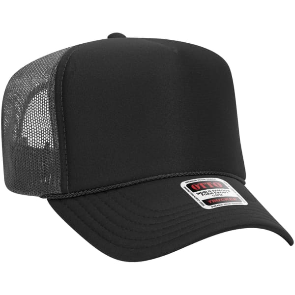 A black 5 panel high crown trucker cap with a mesh back and a branded label on the front.