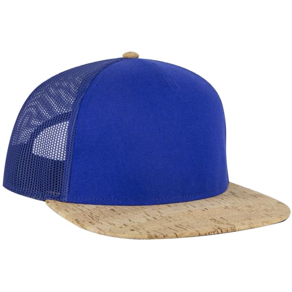 A blue 5 Panel Pro Style Trucker Cap with a cork brim and a mesh back, featuring a logo.