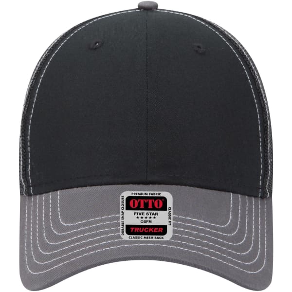 A black and grey 6 panel low profile trucker cap with a logo on the front and contrasting stitching.
