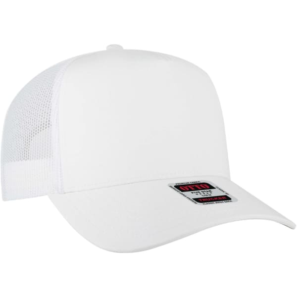 A white 5-panel mid-profile trucker cap with a mesh back and a branded patch on the front.