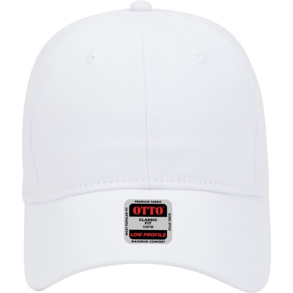 A white 6-panel low profile baseball cap with a logo on the front panel.
