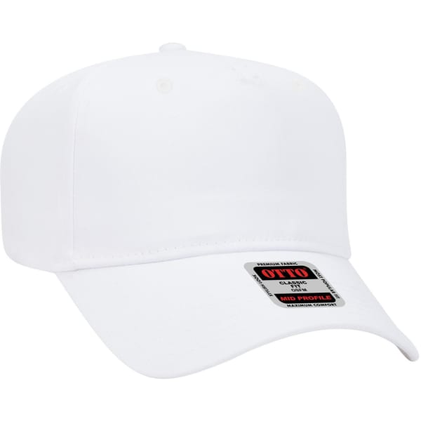 A white 5 panel mid crown baseball cap with a logo on the side.