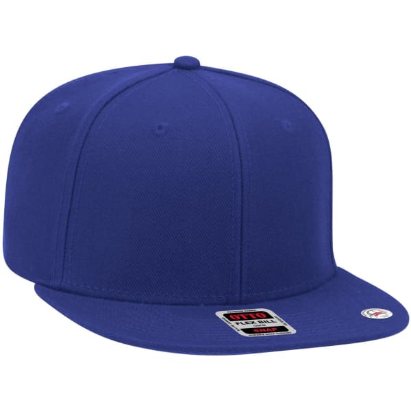 A blue 6-panel mid-profile snapback cap featuring a flat brim and a logo on the side.