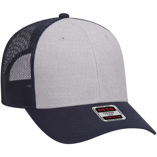 A grey and navy 6-panel low profile trucker cap with mesh sides and a logo on the front.