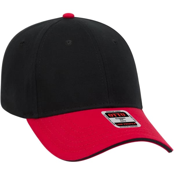A black and red 6 panel low profile baseball cap featuring a logo on the side.