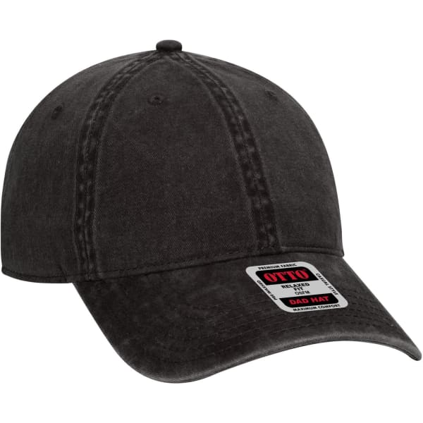 A black six-panel low profile dad cap with a curved brim and a logo on the front.