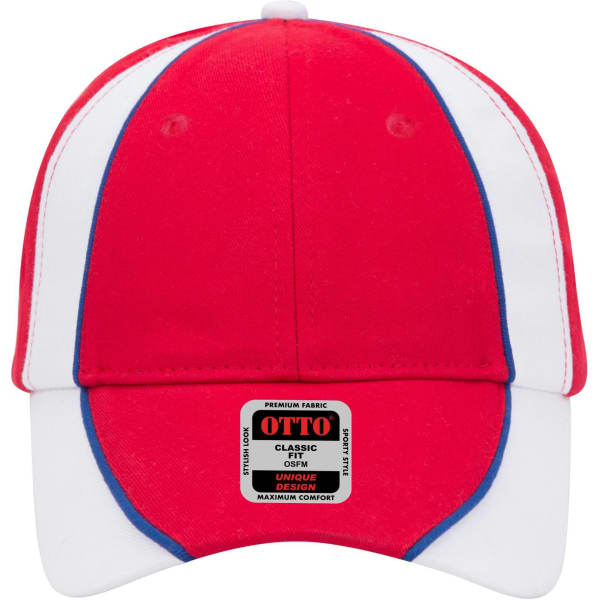 A red and white 6 panel low profile baseball cap featuring a logo on the front.