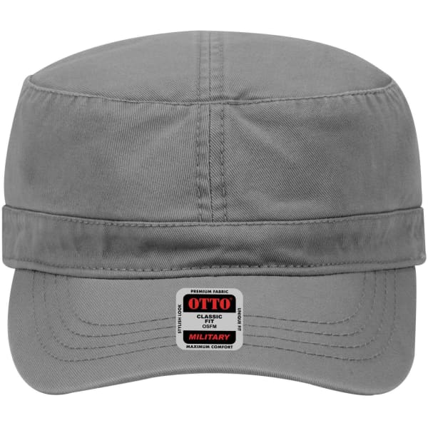 A military-style hat in grey with a structured design and a branded label on the front.