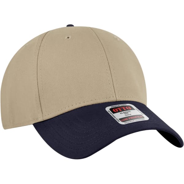 A beige and navy six-panel low-profile baseball cap with a logo on the front.