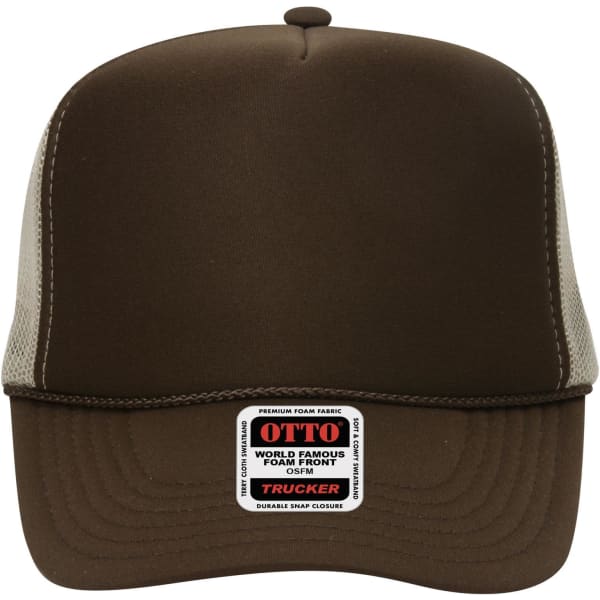 A high crown, brown 5 panel trucker cap with a mesh back and a branded tag on the front.
