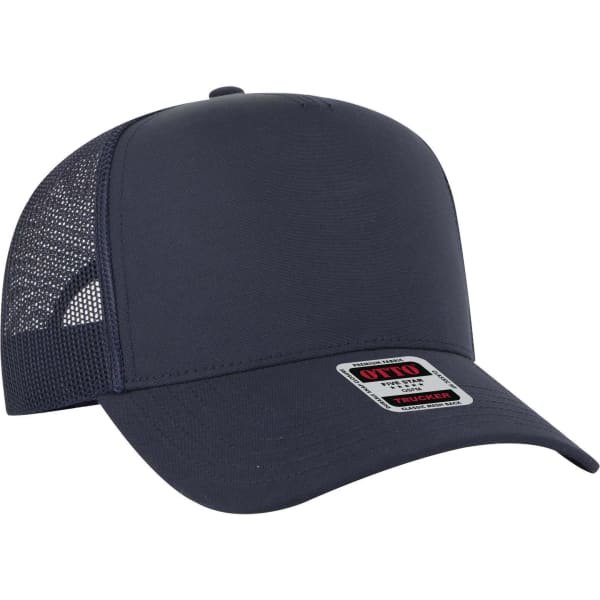 A navy 5 panel mid profile trucker cap with a mesh back and an attached logo.