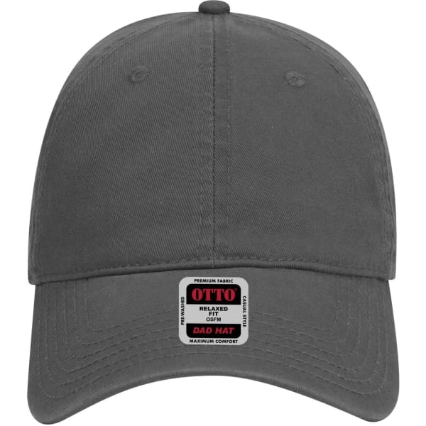 A grey six-panel low profile dad cap featuring a branding label on the front.