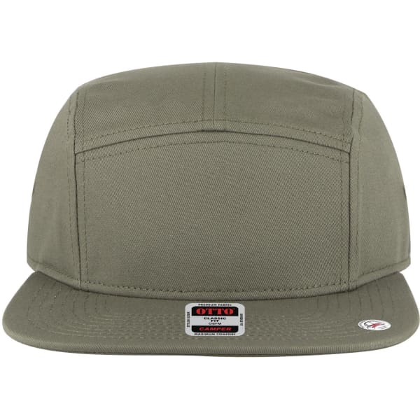 A five-panel camper hat in olive green with a flat brim and a branding logo on the front.