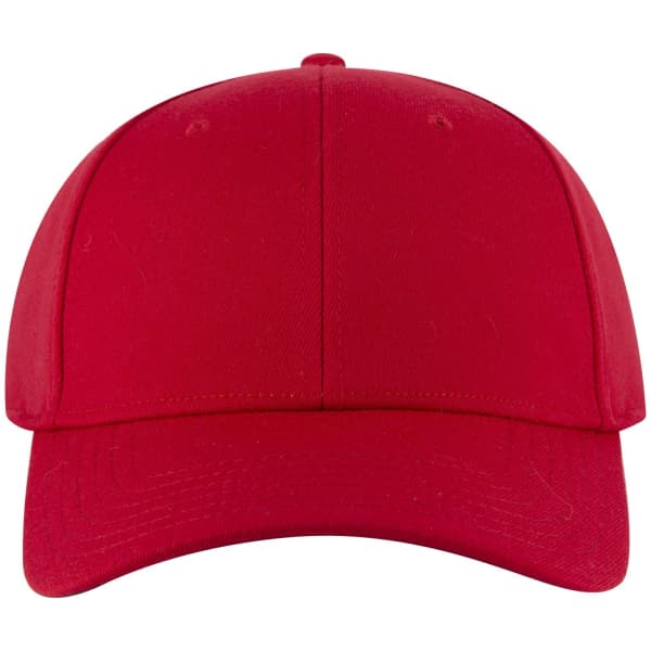 A red six-panel low profile baseball cap featuring a branded logo on the front.