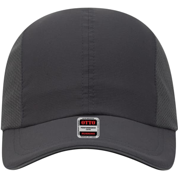 A reflective grey six-panel running cap with a structured peak and mesh side panels, featuring a logo.