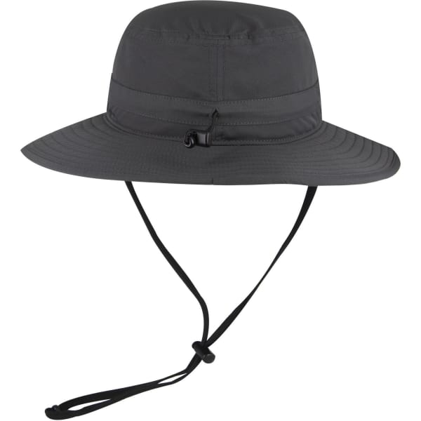 A black polyester pongee boonie hat with a wide brim and adjustable chin strap. Features a logo.