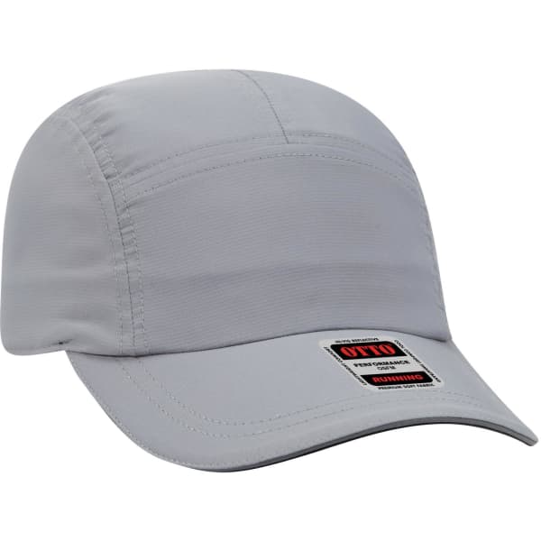 A light grey reflective 5 panel running cap with a branded label on the front.
