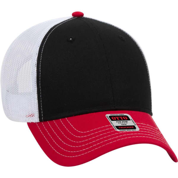 A black and red 6-panel low profile trucker cap with a white mesh back and a logo on the front.