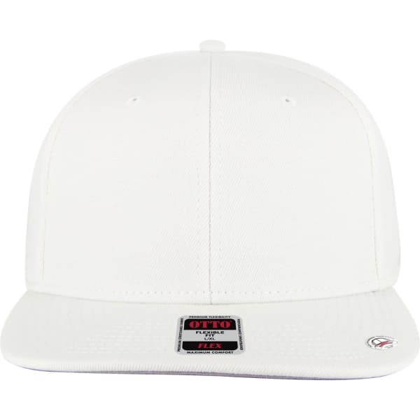 A white 6-panel mid-profile baseball cap with a flat brim and a logo on the front.