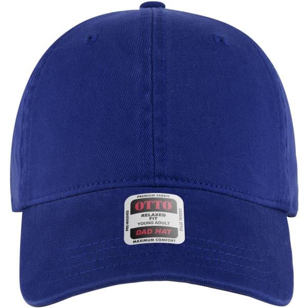 A blue 6 panel low profile dad cap with a logo on the front featuring a flat brim and adjustable strap.