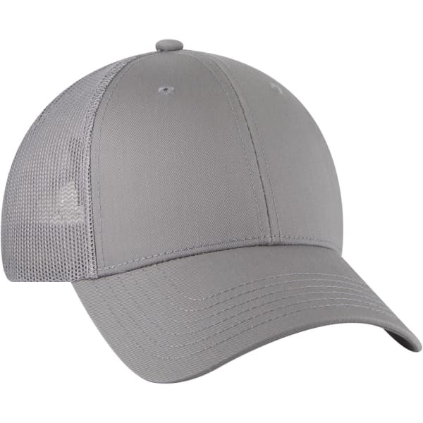 A grey 6 panel low profile trucker cap with a mesh back and a logo on the front.