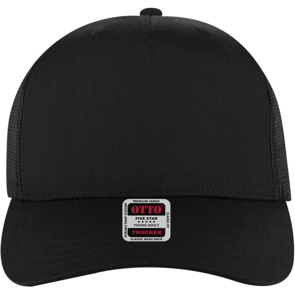 A black 5 panel mid profile trucker cap featuring a mesh back and a label on the front.