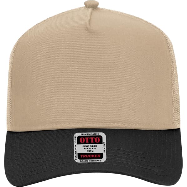 A beige and black 5 Panel Mid Profile Trucker Cap with a logo on the front.