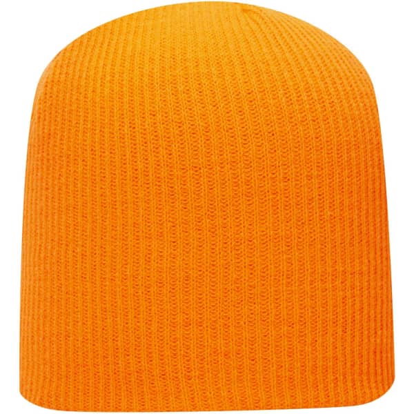 An orange rib knit beanie, featuring a snug fit and a textured design. It has a branding logo.